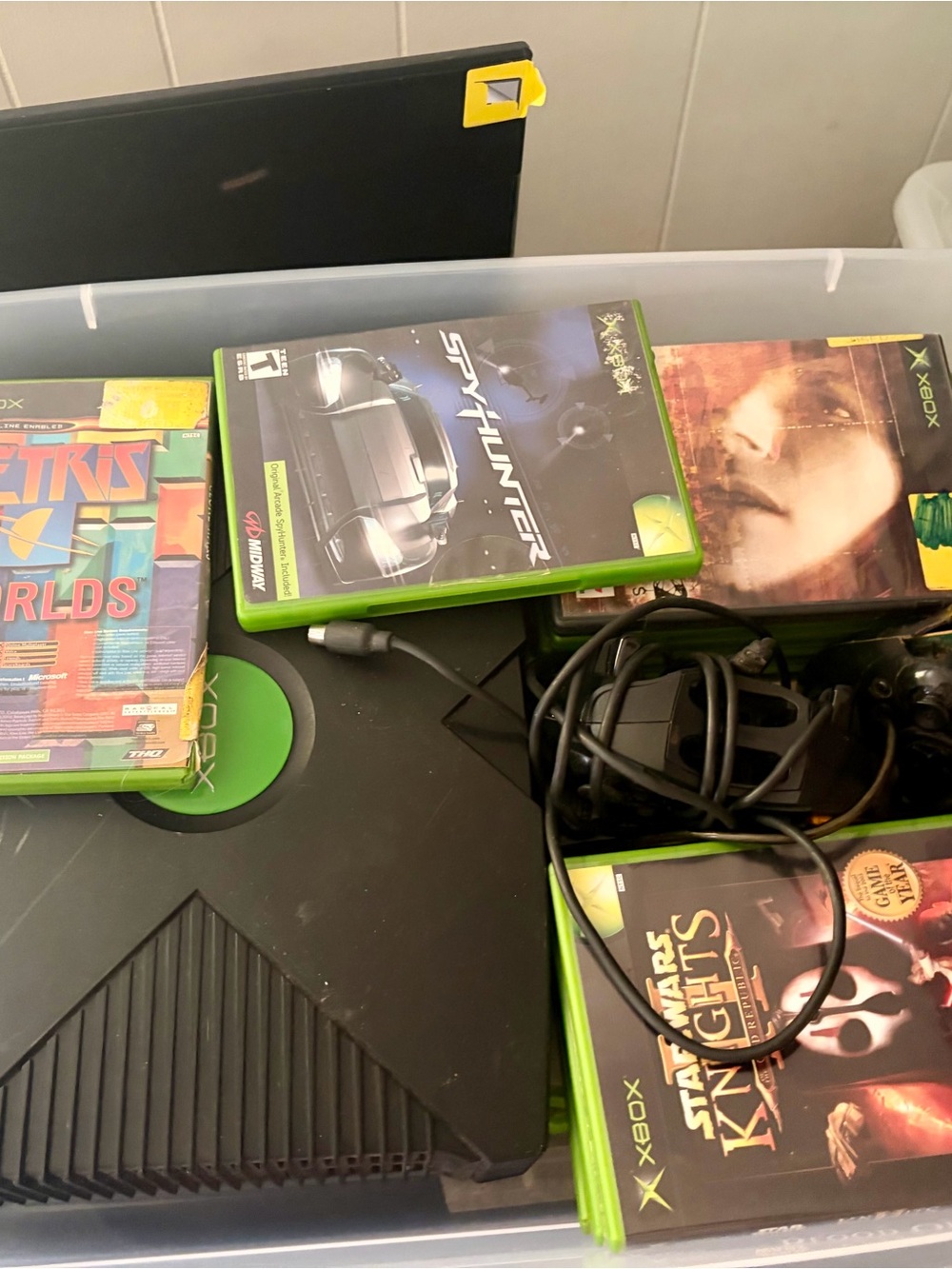 Microsoft Xbox Console with Black Body and Green Accents + Game Discs, 2 Control